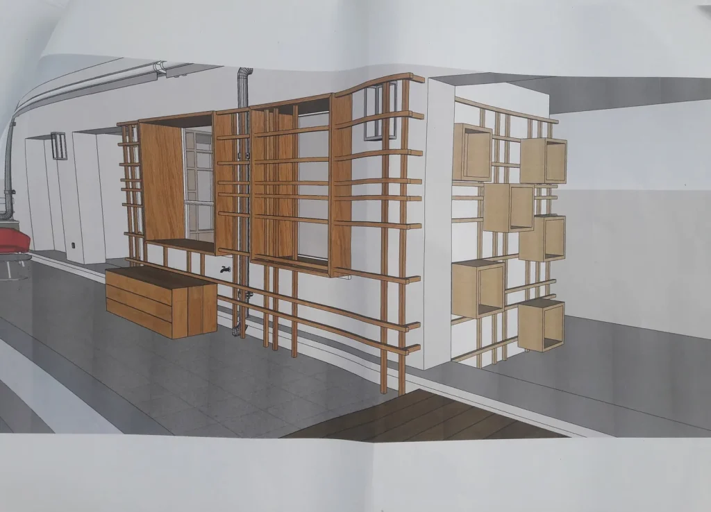 Plan 3D d'un agencement sur mesure : claustra en bois et cubes de rangement