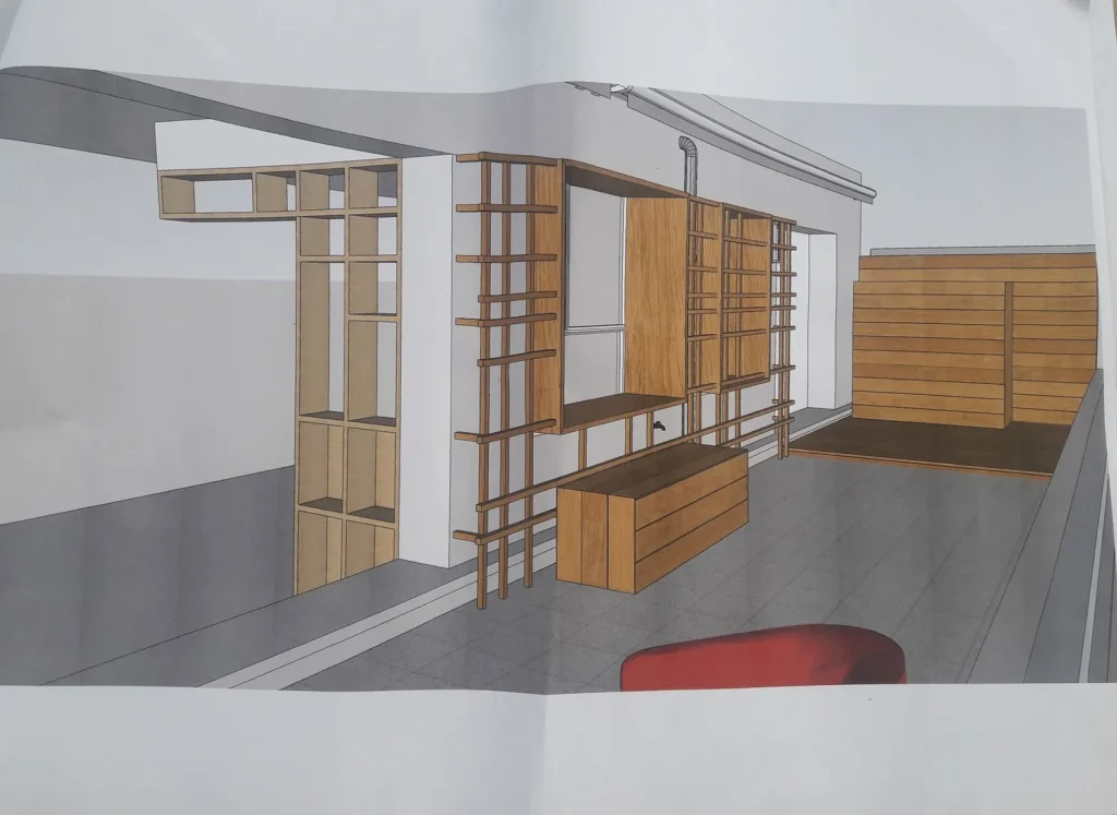 Plan 3D de l'agencement vu depuis l'entrée